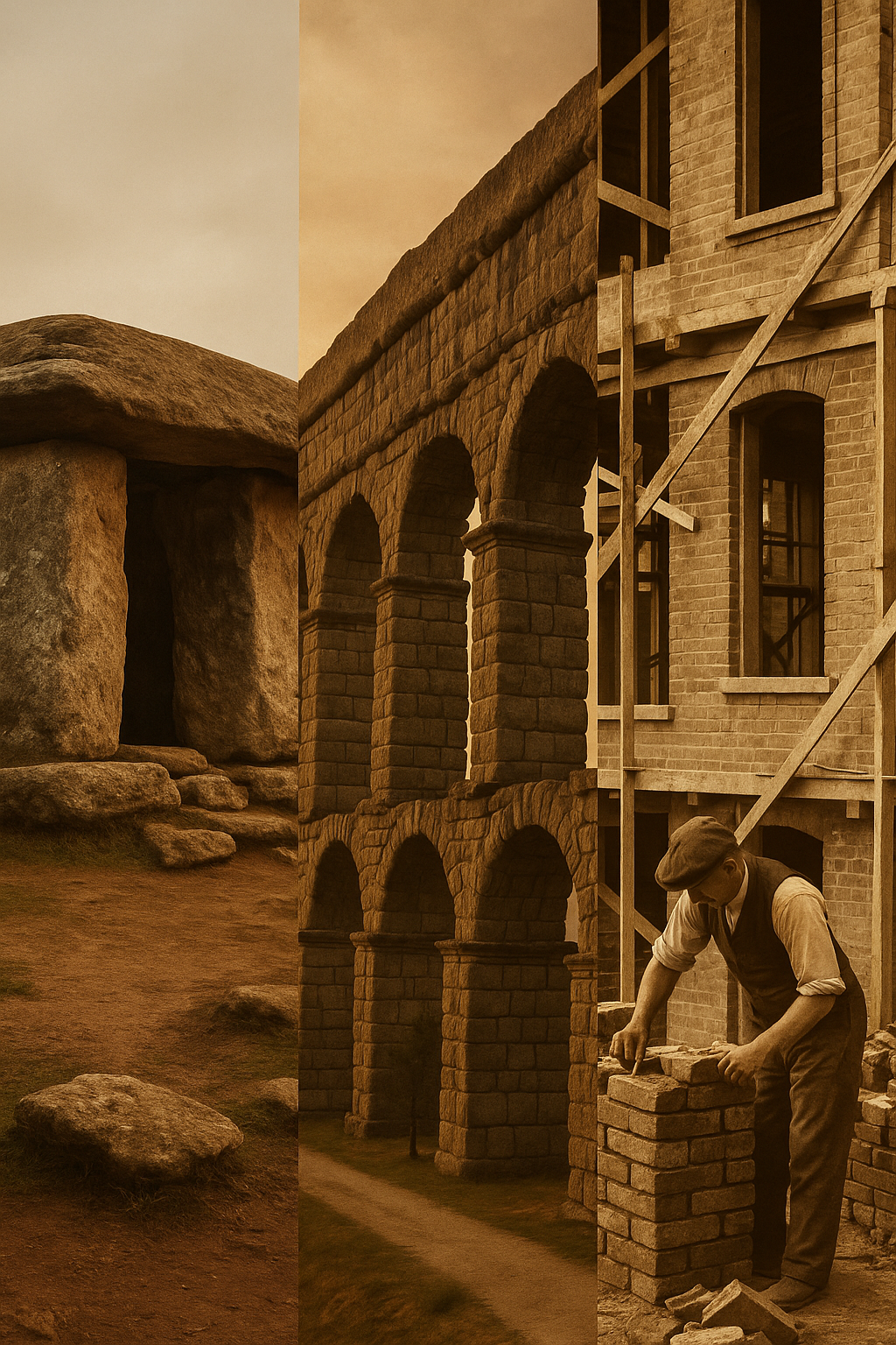 Triptyque représentant l’évolution de l’architecture : habitat néolithique, aqueduc romain et bâtiment du XIXe siècle