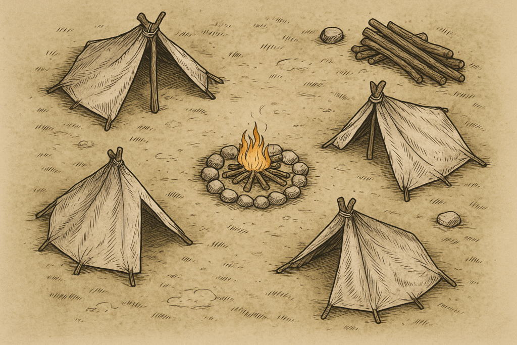 Représentation d'un campement préhistorique avec plusieurs tentes disposées autour d'un feu de camp, entouré de pierres et de rondins de bois.