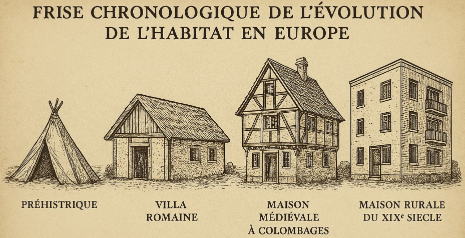 Frise chronologique illustrant l’évolution de l’habitat en Europe : de l’habitat préhistorique (tipi), à la villa romaine, en passant par la maison médiévale à colombages, jusqu’à la maison rurale du XIXe siècle.