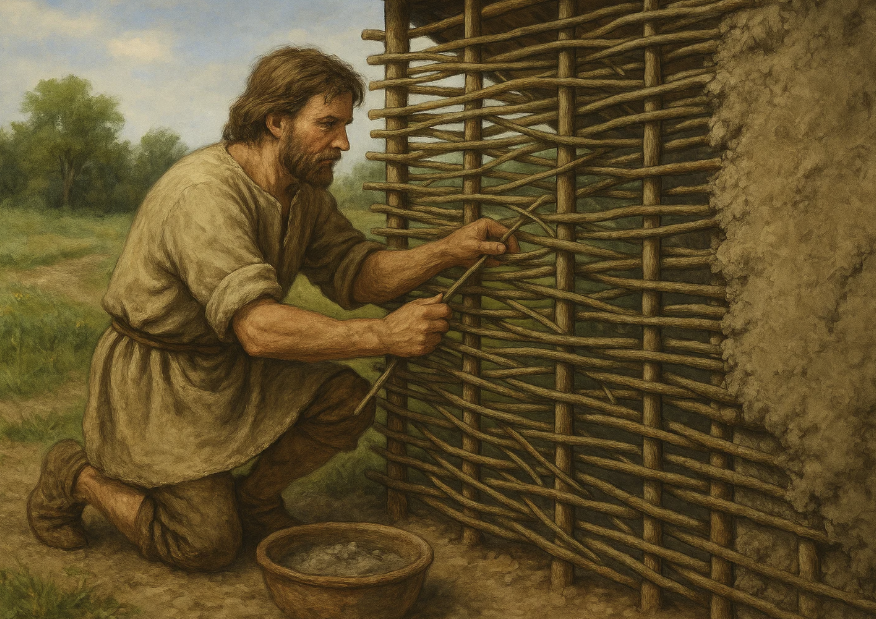 Un homme préhistorique en train de tisser des branches pour construire un mur en osier, avec un seau d'argile à ses pieds, dans un environnement naturel.