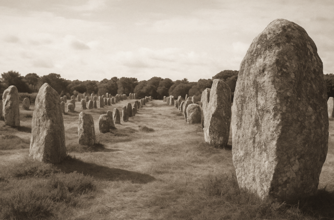 Alignement de menhirs dans un champ, représentant un site préhistorique, photographié en noir et blanc.