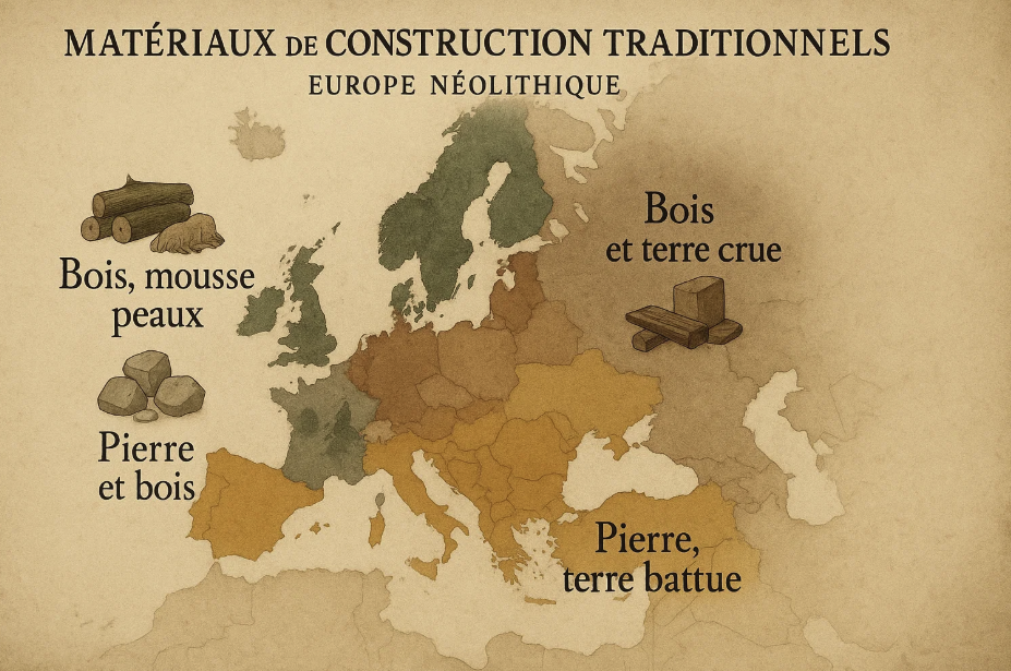 Carte de l’Europe néolithique montrant les matériaux de construction traditionnels utilisés dans différentes régions : bois, mousse et peaux, pierre et bois, bois et terre crue, ainsi que pierre et terre battue.