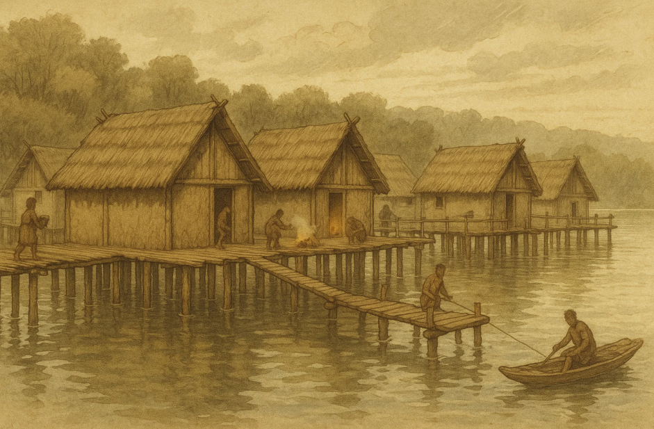 Reconstruction d'un village néolithique avec des maisons sur pilotis au bord de l'eau, des habitants travaillant à l'extérieur et un pêcheur sur un petit bateau.