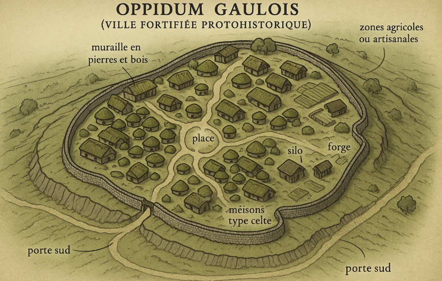 Carte illustrée d'un oppidum gaulois, ville fortifiée protohistorique, avec une muraille en pierre et bois, des maisons celtes, des silos, une forge, des zones agricoles, et une place centrale.

