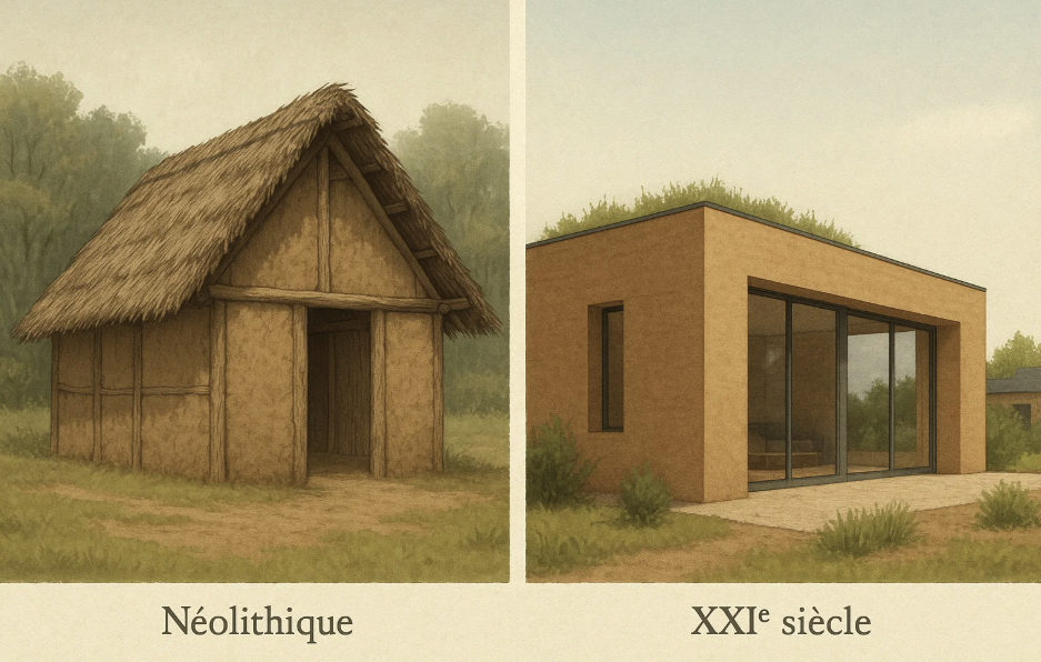 Comparaison entre une maison néolithique en bois et en paille et une maison moderne du XXIe siècle avec une structure minimaliste et des fenêtres larges.