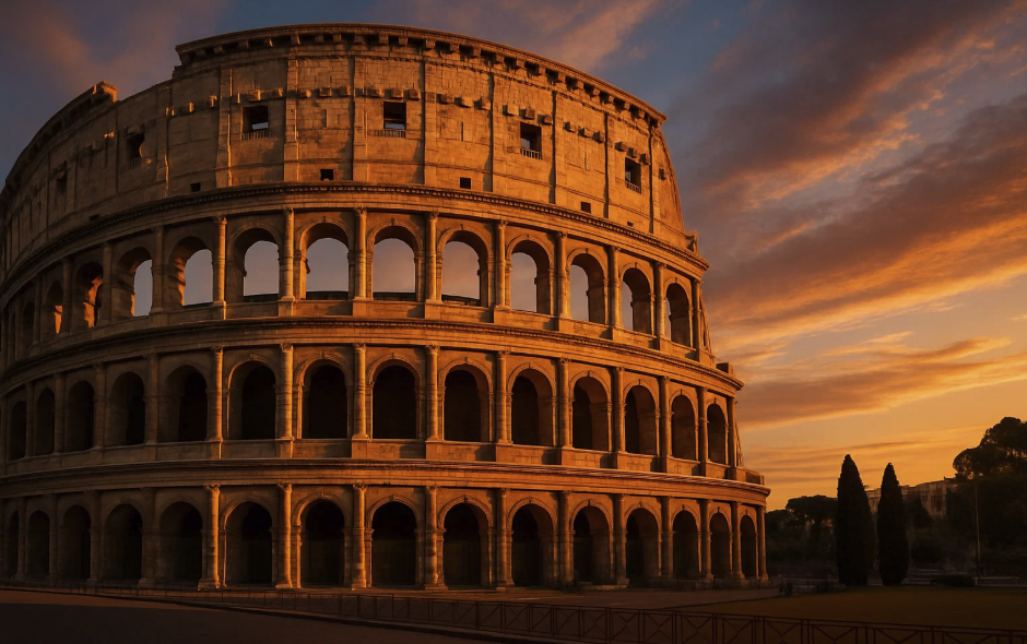 Vue du Colisée à Rome, capturée au coucher du soleil, mettant en valeur l’architecture imposante et les arches de ce monument historique emblématique de la Rome antique.