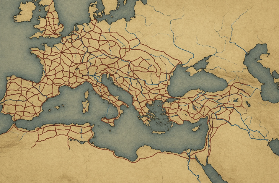 Carte de l’Empire romain montrant le réseau de routes reliant les différentes régions de l’Europe, du Moyen-Orient et de l’Afrique du Nord.