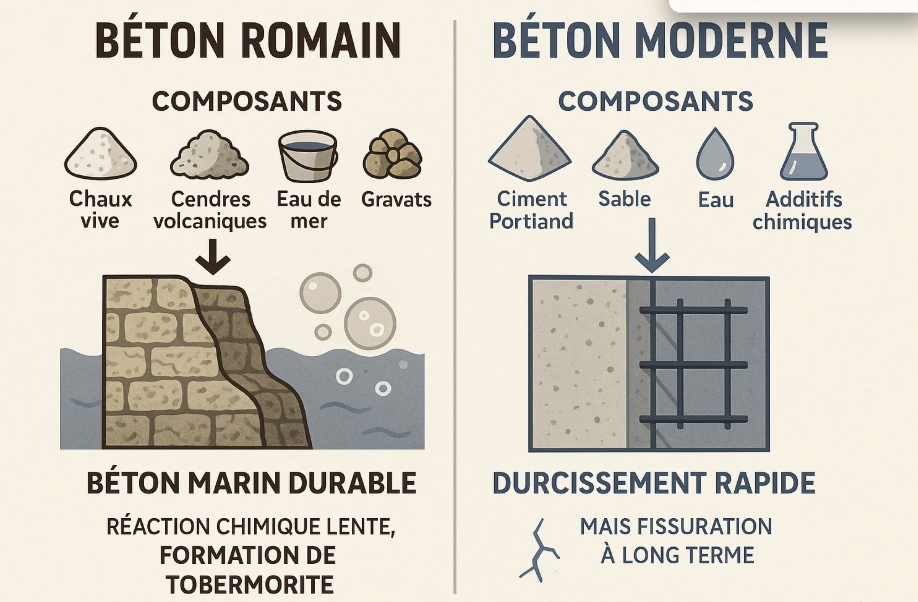 Comparaison entre le béton romain et le béton moderne, montrant les composants et les propriétés de chaque type : le béton romain est durable et utilise la chaux vive, les cendres volcaniques, l'eau de mer, et les gravats, tandis que le béton moderne est composé de ciment Portland, de sable, d'eau et d'additifs chimiques, offrant un durcissement rapide mais susceptible de fissurer à long terme.