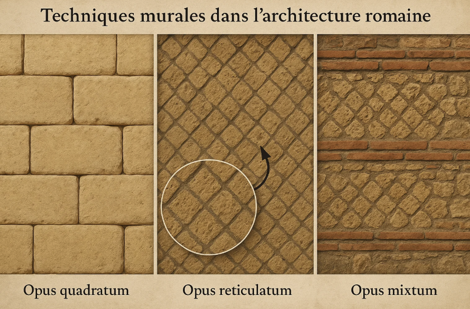 Illustration des techniques murales utilisées dans l’architecture romaine : l'Opus quadratum (murs de pierre rectangulaires), l'Opus reticulatum (murs en motifs en losange), et l'Opus mixtum (combinaison de briques et pierres).