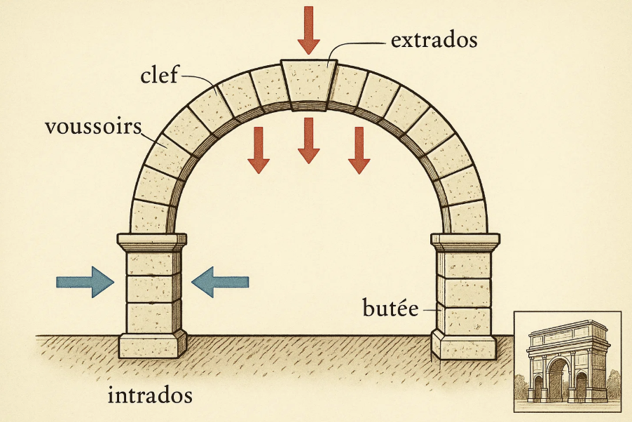 Illustration des composants d'un arc en architecture romaine : la clef, les voussoirs, l'intrados, l'extrados, et la butée, avec une représentation de l'arc de triomphe comme exemple.