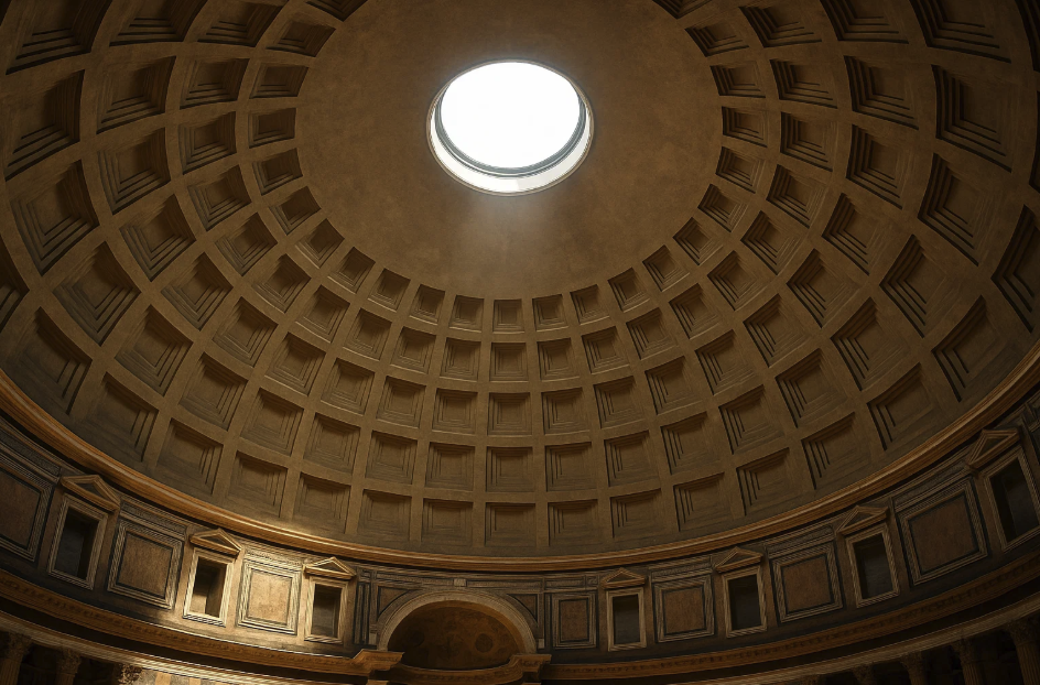 Vue intérieure du Panthéon à Rome, montrant le plafond en dôme avec une ouverture centrale (oculus), décoré de coffres en pierre.