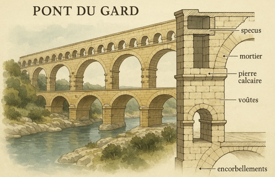 Illustration du Pont du Gard avec une vue du pont et un détail architectural montrant les spécifications des matériaux utilisés, tels que le mortier, la pierre calcaire, les voûtes, les encollements, et les spécus.