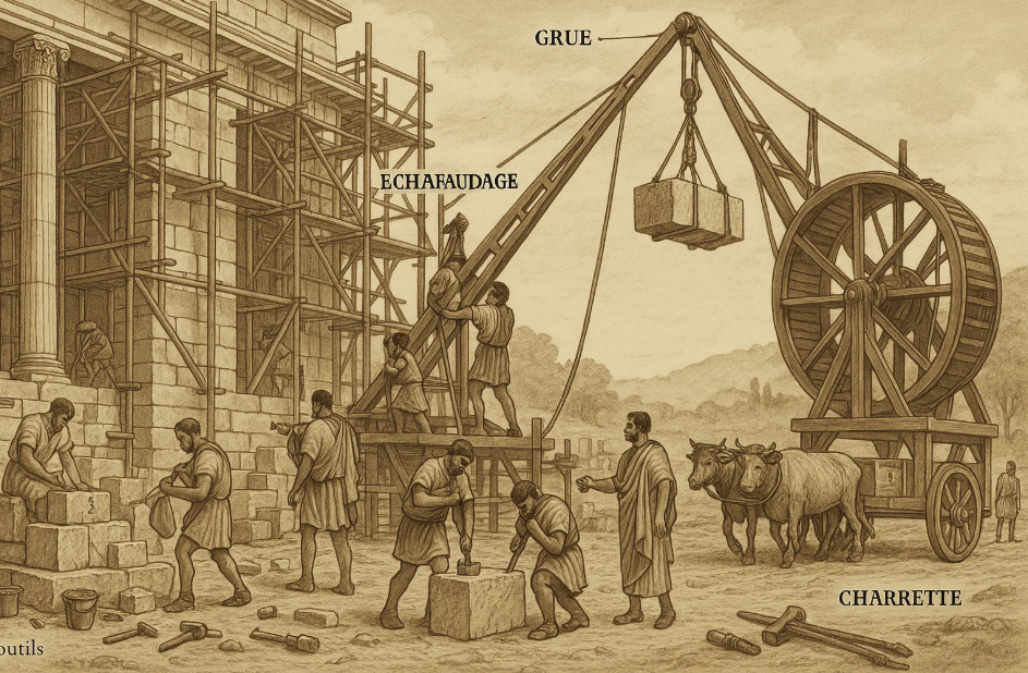 Illustration d'un chantier de construction romaine, montrant des ouvriers utilisant une grue et une charrette à roue pour transporter des blocs de pierre, avec des échafaudages visibles et plusieurs ouvriers travaillant sur des pierres.
