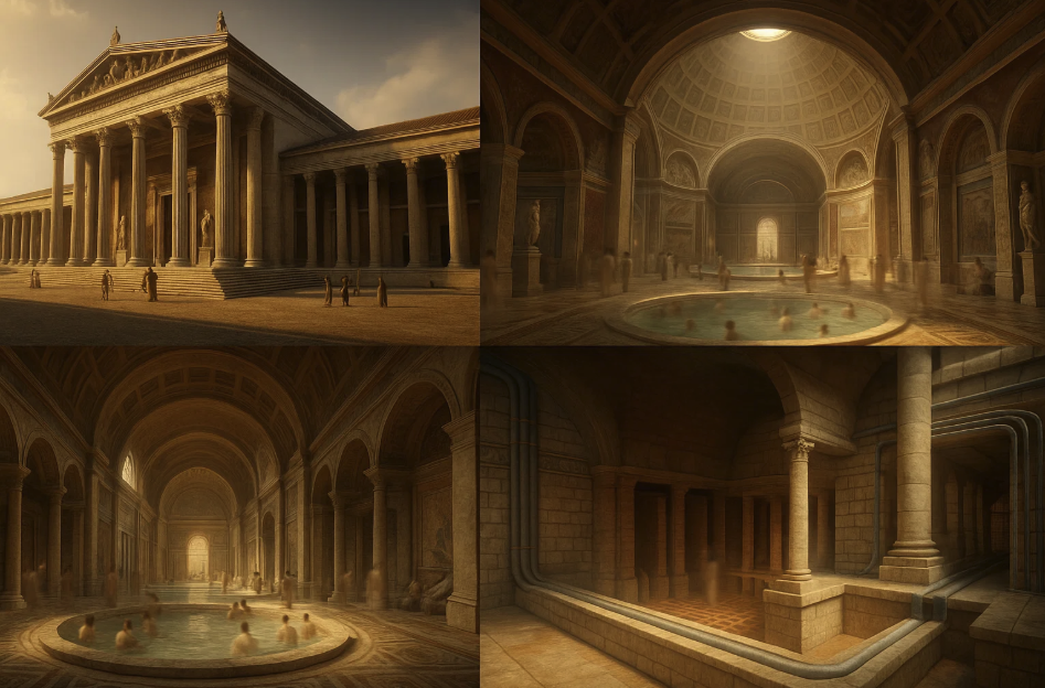 Représentation en 4 parties des thermes romains : vue extérieure du bâtiment, salle centrale avec un dôme éclairé par un oculus, bassin d’eau chaude, et bains avec colonnes et sièges en pierre.