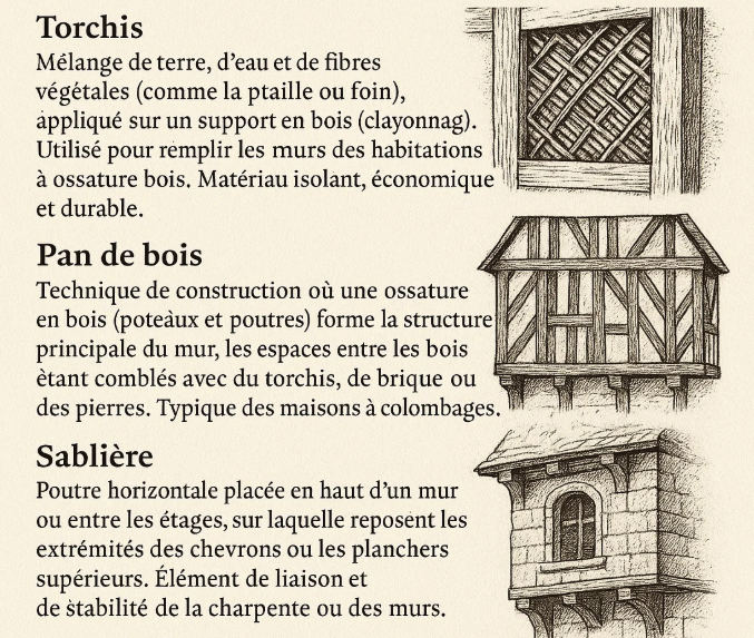 Illustration des techniques de construction médiévales : torchis (mélange de terre, eau et fibres végétales pour les murs), pan de bois (ossature en bois avec remplissage de torchis ou briques), et sablière (poutre horizontale entre étages pour assurer la stabilité de la structure en bois).