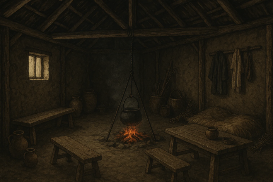 Intérieur d'une maison néolithique avec un foyer central, des bancs en bois, des poteries, des paniers et des outils suspendus. L'espace est simple, avec une fenêtre, des murs en torchis et un toit en bois.