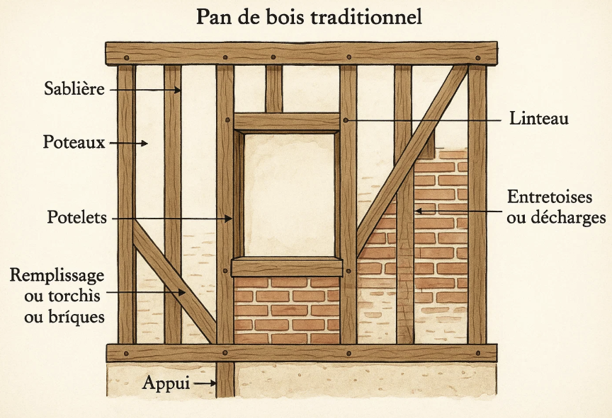 Schéma illustrant un pan de bois traditionnel, montrant les éléments clés de la structure : sablière, poteaux, potelets, linteau, entretoises, remplissage en torchis ou briques, et appui.