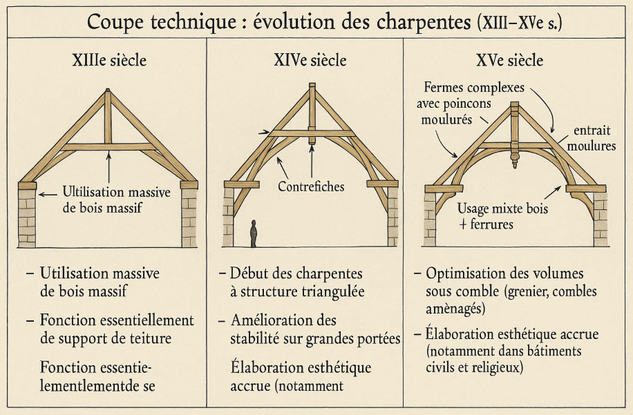 Schéma technique montrant l'évolution des charpentes entre le XIIIe et le XVe siècle, avec l'utilisation du bois massif au XIIIe, les charpentes à structure triangulaire au XIVe et l'optimisation des volumes sous comble et l'usage du bois et des ferrures au XVe.