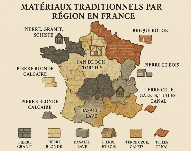Carte de la France montrant les matériaux de construction traditionnels par région : pierre, granit, schiste, pierre blonde calcaire, pan de bois, torchis, basalte, terre crue, galets, tuiles canal et briques rouges.