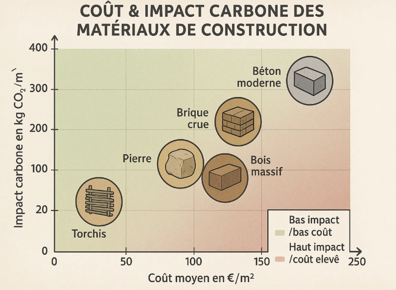 Graphique montrant l'impact carbone et le coût des matériaux de construction : le béton moderne a un haut impact et coût, tandis que les matériaux comme le torchis, la pierre, la brique crue et le bois massif ont un impact et un coût plus bas.
