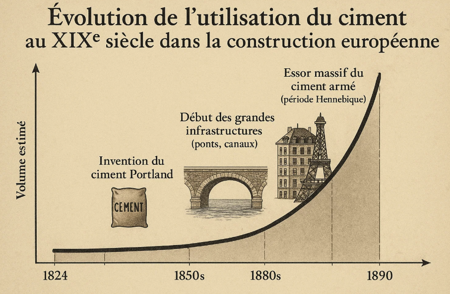 Graphique illustrant l'évolution de l'utilisation du ciment au XIXe siècle en Europe, de l'invention du ciment Portland en 1824, aux débuts des grandes infrastructures dans les années 1850, jusqu'à l'essor du ciment armé dans les années 1880, période Hennebique.