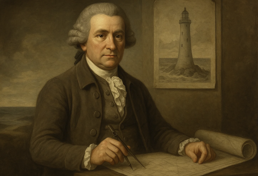 Portrait d'un ingénieur du XVIIIe siècle, en train de dessiner des plans, avec une silhouette de phare en arrière-plan.