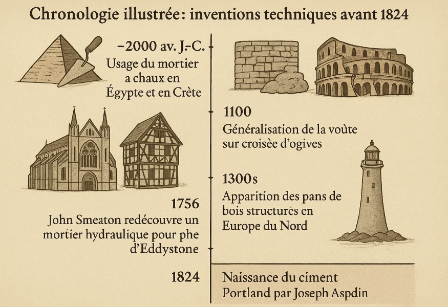 Chronologie illustrée des inventions techniques avant 1824, montrant l'utilisation du mortier de chaux en Égypte et Crète (2000 av. J.-C.), la généralisation de la voûte sur croisée d'ogives au XIe siècle, l'apparition des pans de bois au XIVe siècle, la redécouverte du mortier hydraulique par John Smeaton en 1756, et la naissance du ciment Portland en 1824.