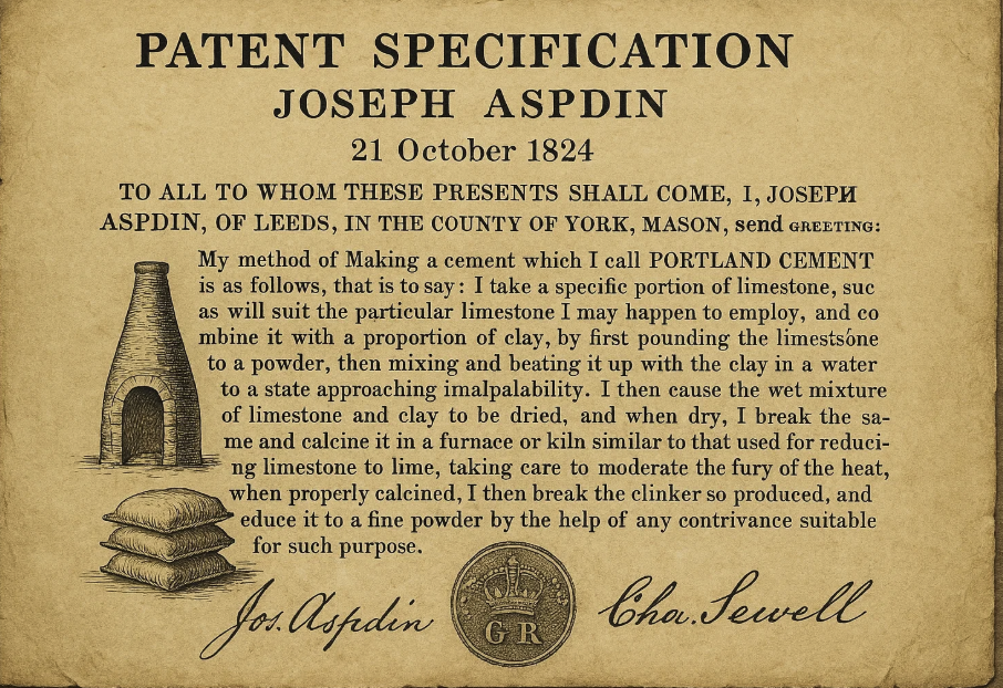 Image du brevet de Joseph Aspdin pour la fabrication du ciment Portland, daté du 21 octobre 1824, avec une description détaillée de sa méthode de production à partir de chaux et d'argile.