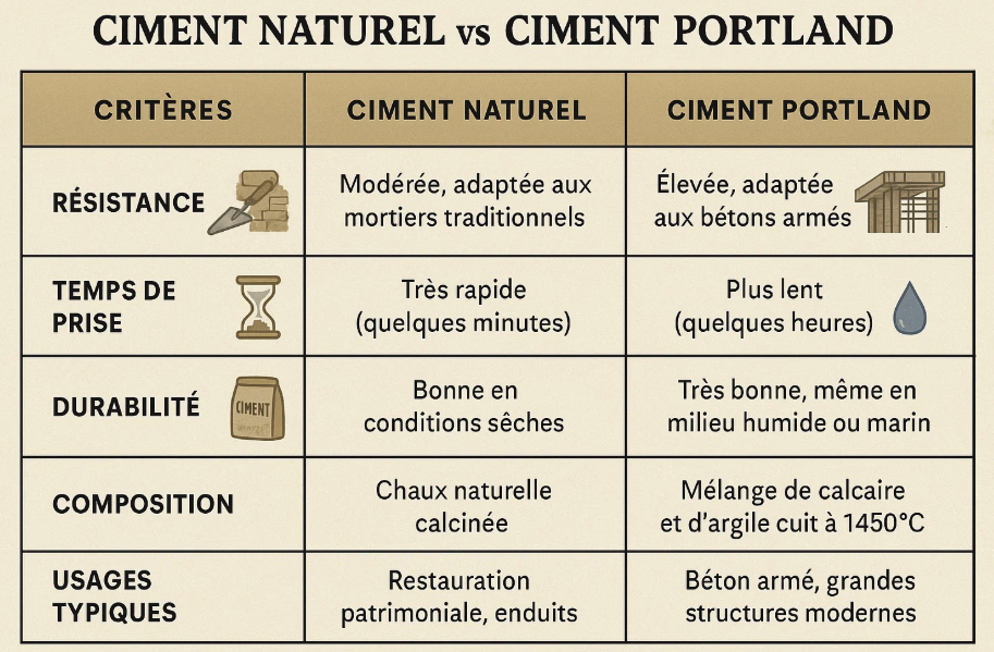 Tableau comparatif entre le ciment naturel et le ciment Portland, indiquant leurs critères de résistance, temps de prise, durabilité, composition et usages typiques : le ciment naturel est plus rapide, adapté aux mortiers traditionnels et à la restauration patrimoniale, tandis que le ciment Portland est plus résistant, plus lent, et utilisé dans le béton armé et les grandes structures modernes.