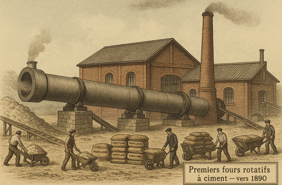 Illustration des premiers fours rotatifs à ciment vers 1890, montrant l'usine avec un grand four rotatif, des travailleurs transportant des sacs de ciment et des matériaux à l'aide de chariots.