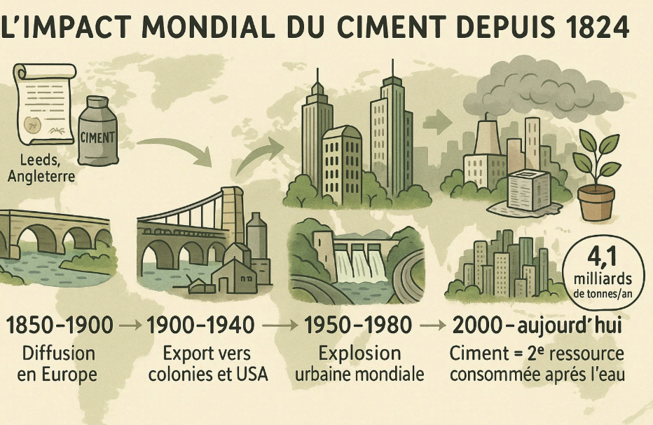 Infographie illustrant l'impact mondial du ciment depuis 1824, montrant sa diffusion en Europe (1850-1900), son exportation vers les colonies et les USA (1900-1940), l'explosion urbaine mondiale (1950-1980), et son rôle actuel en tant que 2e ressource consommée après l'eau, avec un total de 4,1 milliards de tonnes par an.