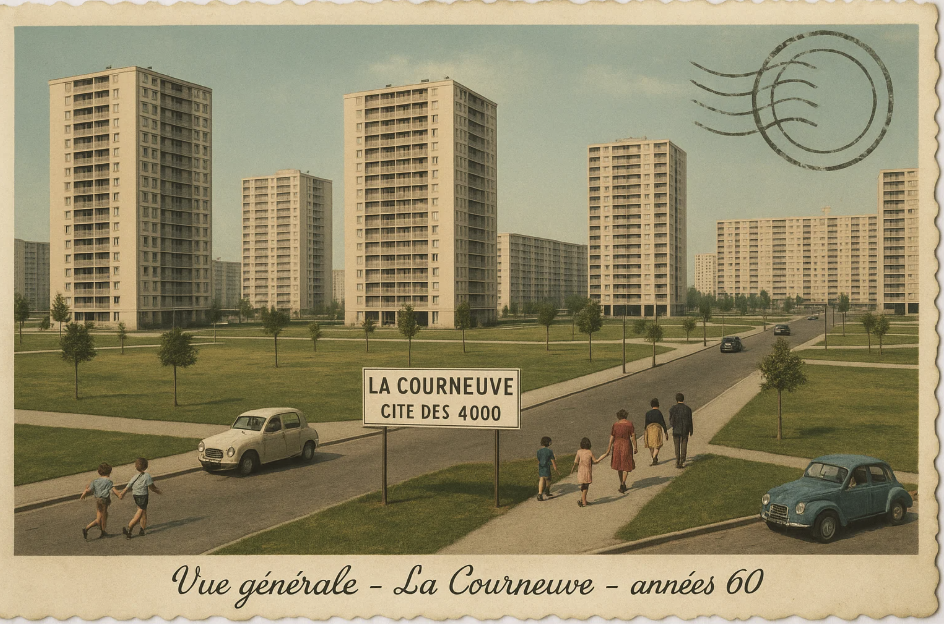 Carte postale des années 60 montrant la Cité des 4000 à La Courneuve, avec des immeubles de grande hauteur, des rues larges, et des habitants marchant sur les trottoirs, accompagnés de voitures vintage.