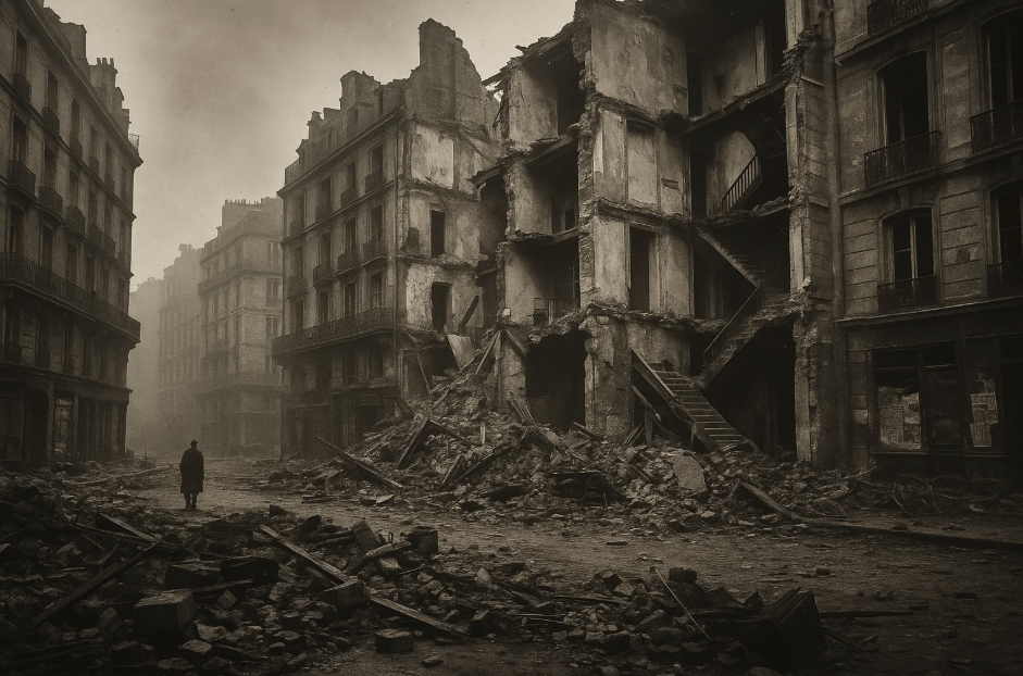 Image en noir et blanc d'une rue de Paris après la Seconde Guerre mondiale, montrant des immeubles partiellement détruits, des décombres sur la route et un piéton marchant dans les ruines.