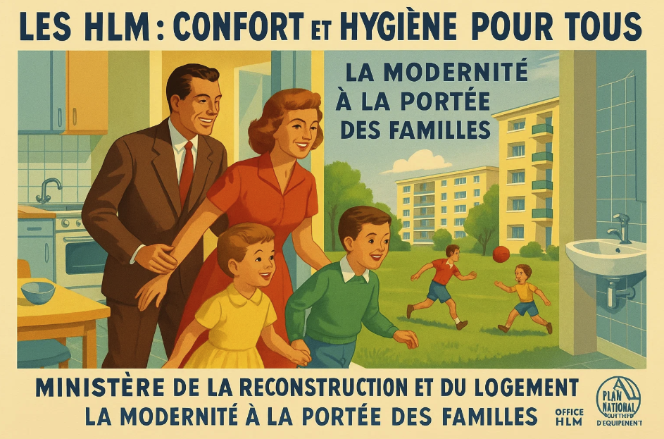 Affiche rétro des années 60 promouvant les HLM, avec une famille souriante dans un appartement moderne, des enfants jouant à l’extérieur, et un slogan mettant en avant le confort et l’hygiène dans les logements sociaux.