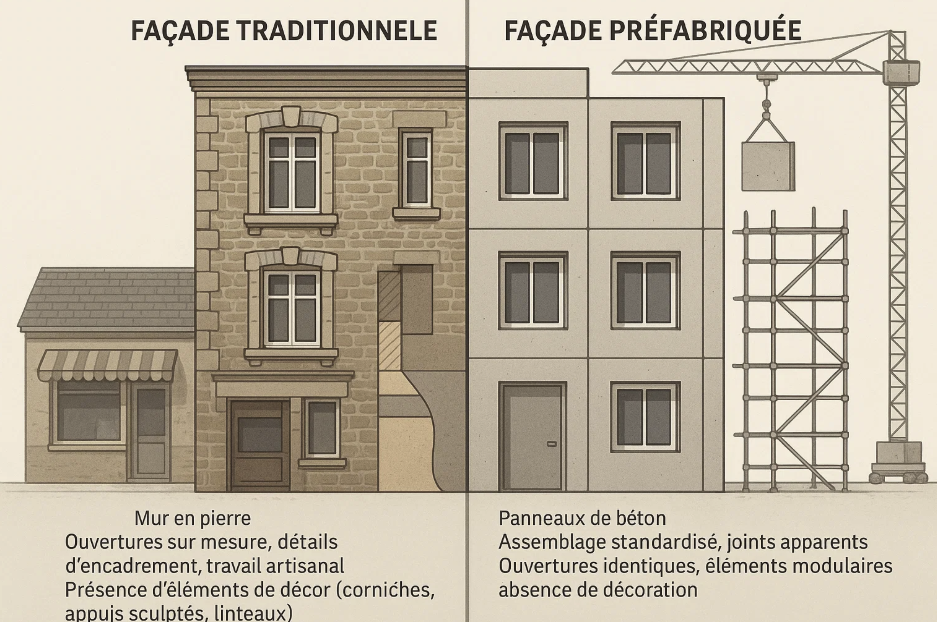 Comparaison entre une façade traditionnelle en pierre, avec des ouvertures sur mesure, des éléments décoratifs et un travail artisanal, et une façade préfabriquée en panneaux de béton, avec des assemblages standardisés, des joints apparents et une absence de décoration.
