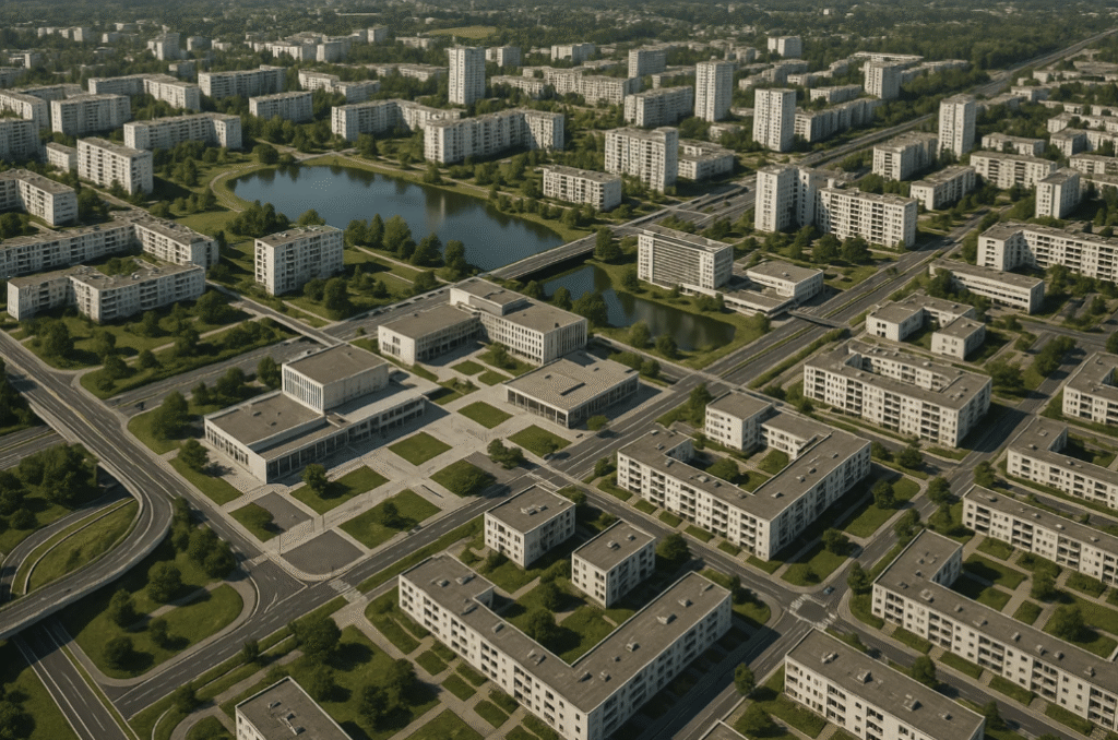 Vue aérienne d'un ensemble d'immeubles de grande hauteur dans une cité HLM moderne, entourée de routes, de zones vertes et de plans d'eau, illustrant l'urbanisme d'après-guerre.