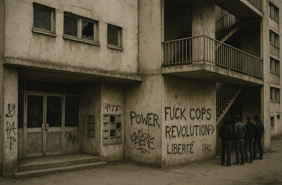 Immeuble délabré avec graffitis sur les murs extérieurs, incluant des messages de protestation comme 'POWER', 'FUCK COPS', 'REVOLUTION' et 'LIBERTE', avec un groupe de personnes debout devant l'entrée.