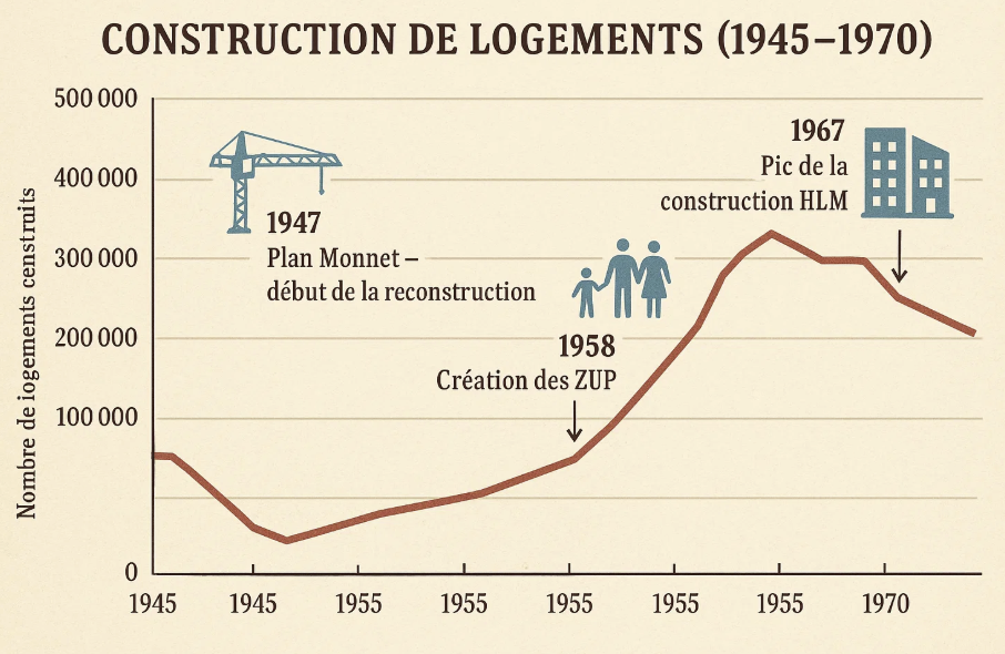 Graphique montrant la construction de logements en France entre 1945 et 1970, avec des événements marquants comme le début du Plan Monnet en 1947, la création des Zones Urbaines Sensibles (ZUP) en 1958, et le pic de la construction de HLM en 1967.