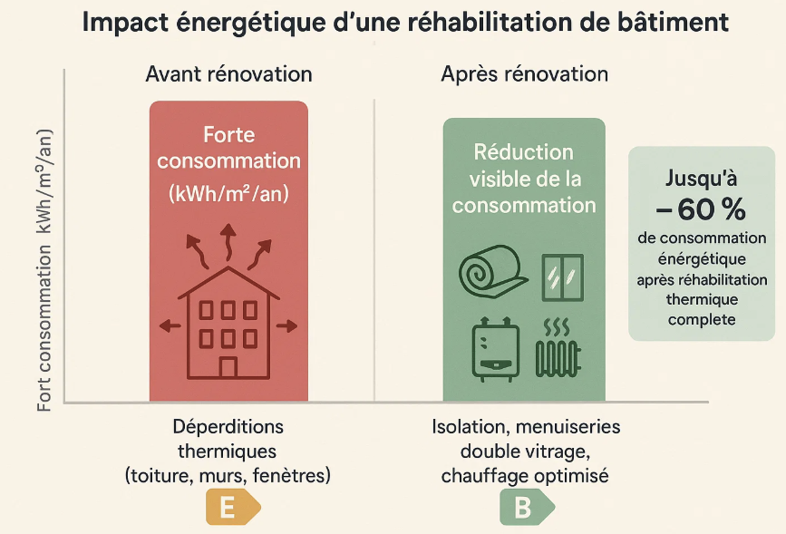 Graphique comparatif montrant l'impact énergétique avant et après la réhabilitation d'un bâtiment : avant, forte consommation d'énergie due aux déperditions thermiques, et après, réduction de la consommation grâce à l'isolation, aux menuiseries à double vitrage et à un chauffage optimisé.
