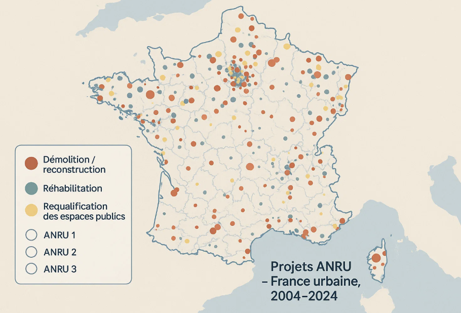 Carte de la France montrant les projets ANRU (Agence Nationale pour la Rénovation Urbaine) de 2004 à 2024, incluant les zones de démolition/reconstruction, de réhabilitation, et de requalification des espaces publics, ainsi que les différentes phases ANRU (1, 2, 3).