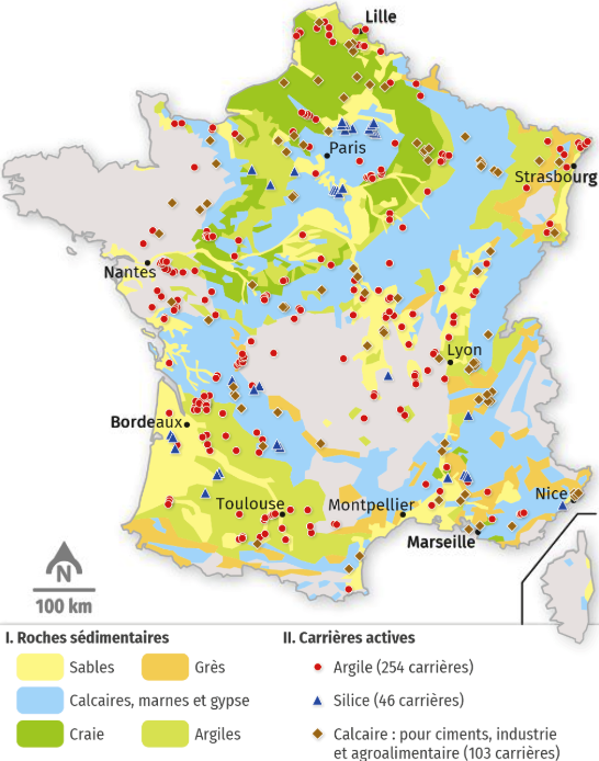 Carte de la France montrant les carrières de matériaux sédimentaires avec les zones de carrières actives pour l'argile, la silice et le calcaire, ainsi que les types de roches présentes, comme les calcaires, marne et gypse, grès, craie et argiles.