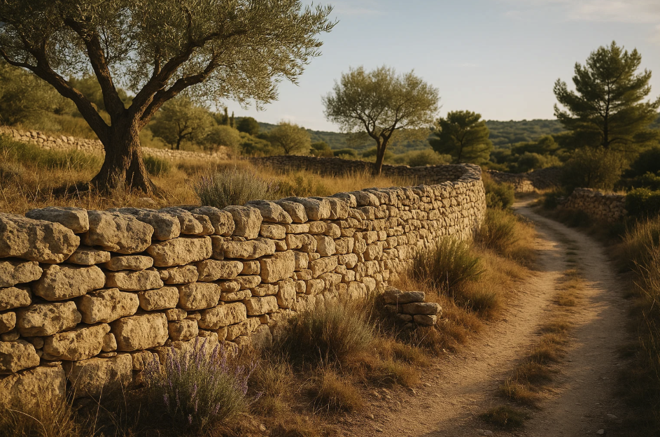 Vue d'un mur en pierre sèche au milieu de la nature, bordant un chemin de terre avec des arbres et des buissons typiques du paysage méditerranéen.