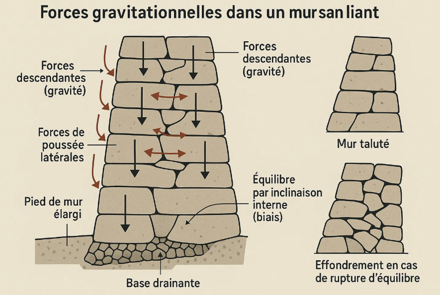 Diagramme illustrant les forces gravitationnelles dans un mur sans liant, mettant en évidence les forces descendantes (gravité), les forces de poussée latérales, ainsi que l'équilibre par inclinaison interne, et les risques d'effondrement en cas de rupture d'équilibre.
