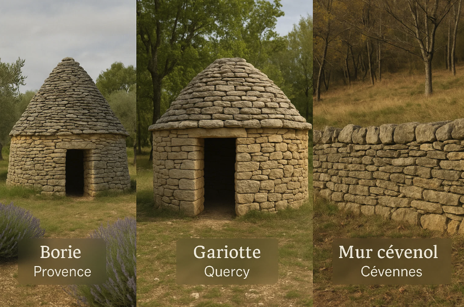 Photographies de trois types de constructions en pierre sèche : Borie de Provence, Gariotte du Quercy, et Mur cévenol des Cévennes, illustrant les diverses formes traditionnelles d'architecture utilisant la pierre sèche dans différentes régions de France.