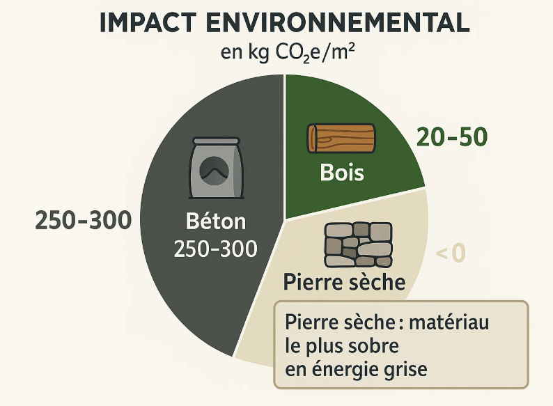 Graphique illustrant l'impact environnemental en termes de CO2 par m² des matériaux de construction : béton (250-300 kg CO2/m²), bois (20-50 kg CO2/m²), et pierre sèche (<0 kg CO2/m²), soulignant la pierre sèche comme le matériau le plus sobre en énergie grise.