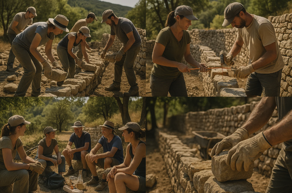 Groupe de personnes travaillant ensemble à la construction d'un mur en pierre sèche dans un environnement naturel, manipulant des pierres et utilisant des outils traditionnels pour restaurer un mur de pierres sèches.