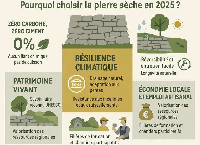 Infographie détaillant les avantages de la pierre sèche en 2025, avec un focus sur son impact environnemental nul (zéro carbone), sa résilience climatique (drainage naturel et résistance aux incendies), et ses bénéfices pour l'économie locale et l'emploi artisanal.