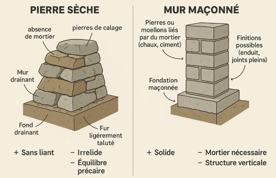 Comparaison entre la pierre sèche et le mur maçonné : à gauche, une construction en pierre sèche, sans liant, avec un fond drainant et un équilibre précaire, et à droite, un mur maçonné avec du mortier et des finitions possibles.