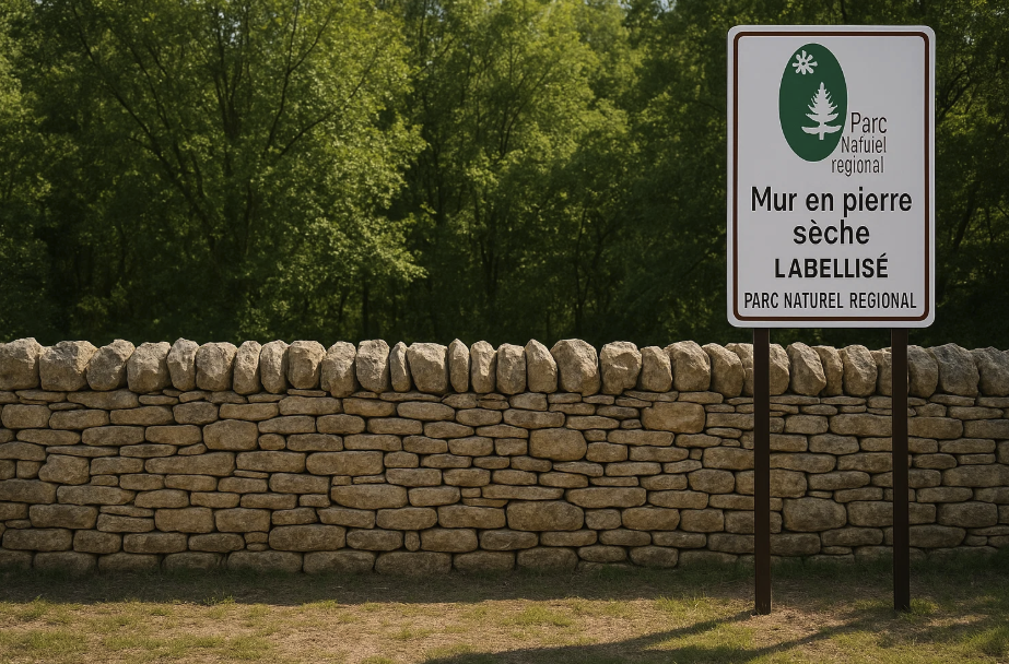 Mur en pierre sèche dans un parc naturel régional avec panneau signalant le label de préservation du patrimoine, mettant en avant l'utilisation traditionnelle de la pierre sèche dans les paysages protégés.