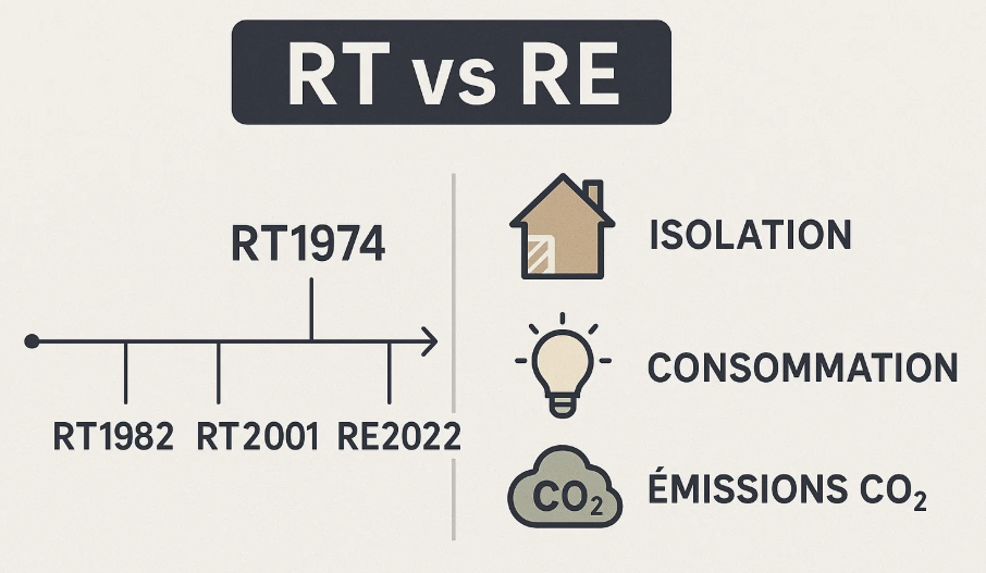 Graphique illustrant l'évolution des normes RT (réglementations thermiques) vers RE (réglementations environnementales) en France, avec les étapes clés : RT 1974, RT 1982, RT 2001, RT 2022, et les critères abordés comme l'isolation, la consommation d'énergie et les émissions de CO2.